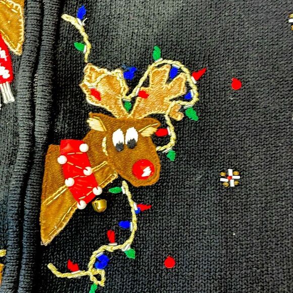 Vintage Christmas Reindeer Sweater Party Embellished Zip Front Cardigan Size S - Picture 7 of 12